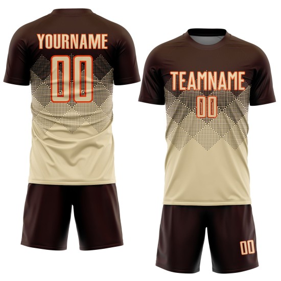 Benutzerdefiniertes braunes, creme-oranges Sublimations-Fußballtrikot Benutzerdefiniertes braunes, creme-oranges Sublimations-Fußballtrikot