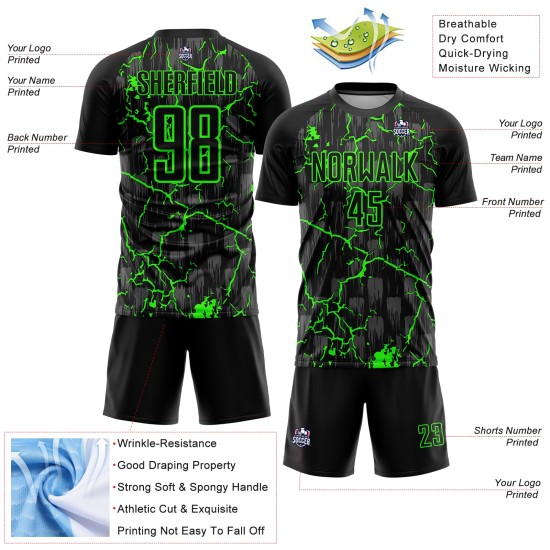 Benutzerdefiniertes schwarzes neongrünes Blitz-Sublimations-Fußballtrikot Benutzerdefiniertes schwarzes neongrünes Blitz-Sublimations-Fußballtrikot