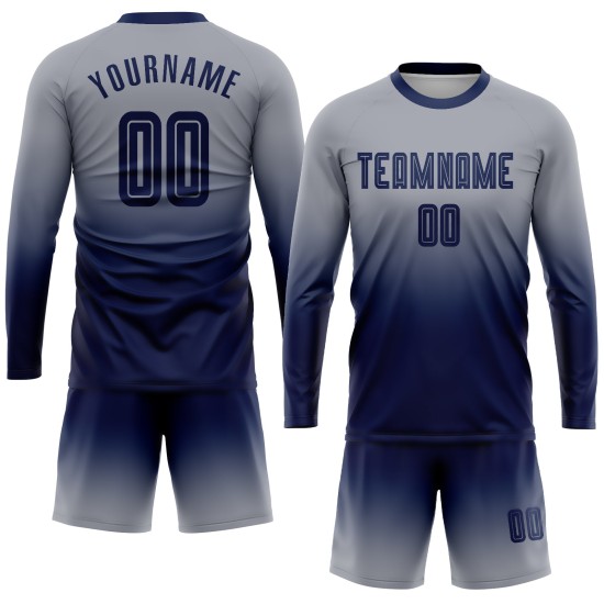 Benutzerdefinierte grau Marine Sublimation Langarm Fade Fashion Fußball Uniform Trikot Benutzerdefinierte grau Marine Sublimation Langarm Fade Fashion Fußball Uniform Trikot