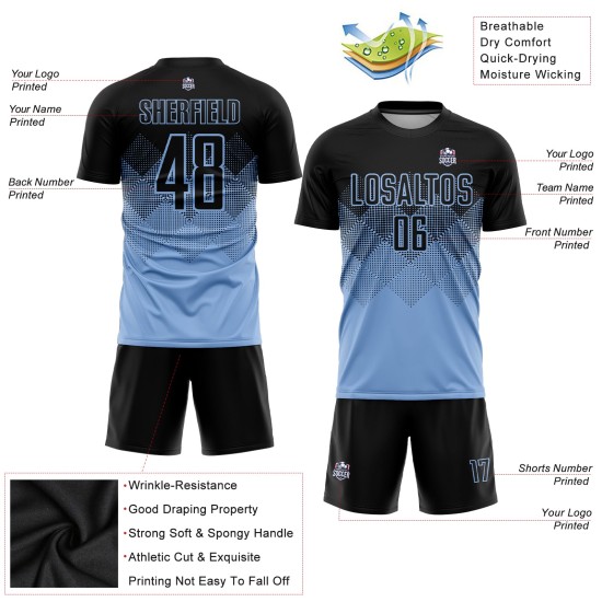 Benutzerdefiniertes hellblau-schwarzes Sublimations-Fußballtrikot Benutzerdefiniertes hellblau-schwarzes Sublimations-Fußballtrikot