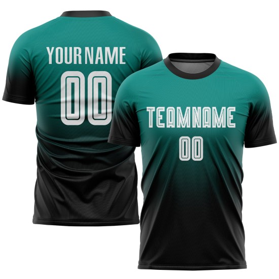 Benutzerdefinierte Aqua Weiß-Schwarz Sublimation Fade Fashion Fußball Uniform Jersey Benutzerdefinierte Aqua Weiß-Schwarz Sublimation Fade Fashion Fußball Uniform Jersey
