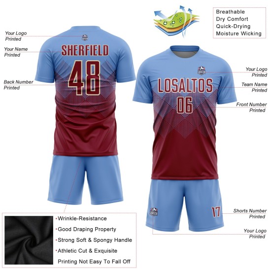 Benutzerdefiniertes hellblaues purpurrotes und cremefarbenes Sublimations-Fußballtrikot Benutzerdefiniertes hellblaues purpurrotes und cremefarbenes Sublimations-Fußballtrikot
