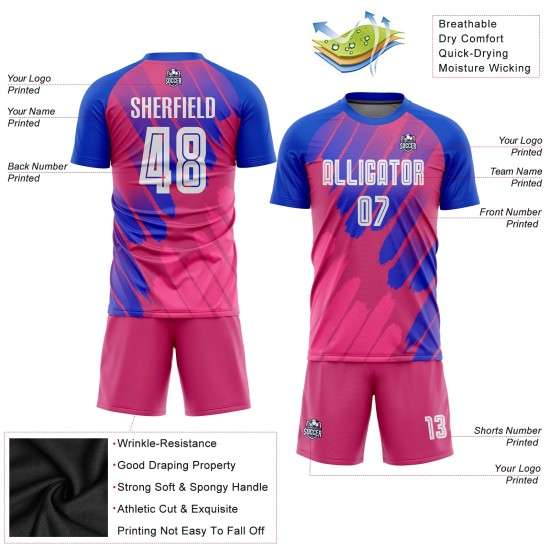 Benutzerdefiniertes drittes Sublimations-Fußballtrikot in Rosa-Weiß-Royal Benutzerdefiniertes drittes Sublimations-Fußballtrikot in Rosa-Weiß-Royal