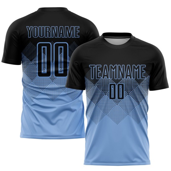 Benutzerdefiniertes hellblau-schwarzes Sublimations-Fußballtrikot Benutzerdefiniertes hellblau-schwarzes Sublimations-Fußballtrikot