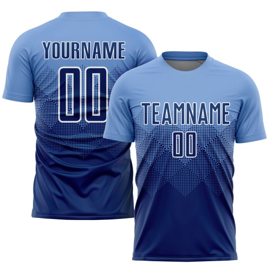 Benutzerdefiniertes hellblaues, marineblaues und weißes Sublimations-Fußballtrikot Benutzerdefiniertes hellblaues, marineblaues und weißes Sublimations-Fußballtrikot