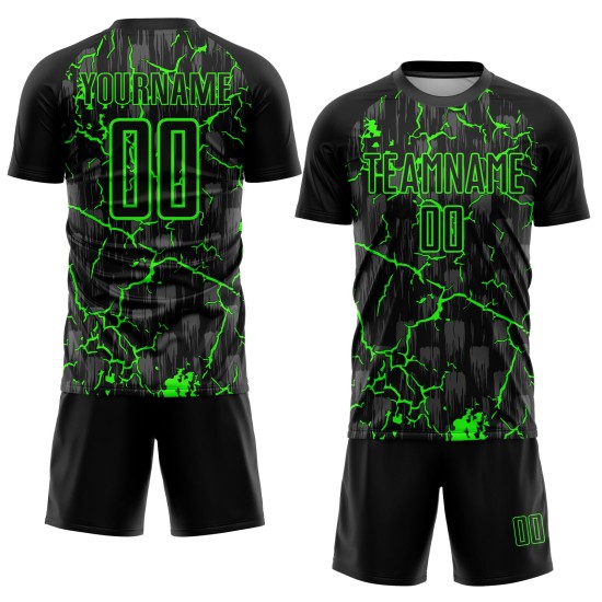 Benutzerdefiniertes schwarzes neongrünes Blitz-Sublimations-Fußballtrikot Benutzerdefiniertes schwarzes neongrünes Blitz-Sublimations-Fußballtrikot