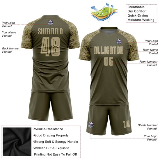 Benutzerdefinierte Olive Vegas Gold-Camo Sublimation Salut To Service Fußball Uniform Trikot Benutzerdefinierte Olive Vegas Gold-Camo Sublimation Salut To Service Fußball Uniform Trikot