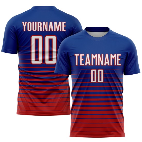 Benutzerdefinierte Royal Weiß-Rot Nadelstreifen Fade Fashion Sublimation Fußball Uniform Trikot Benutzerdefinierte Royal Weiß-Rot Nadelstreifen Fade Fashion Sublimation Fußball Uniform Trikot