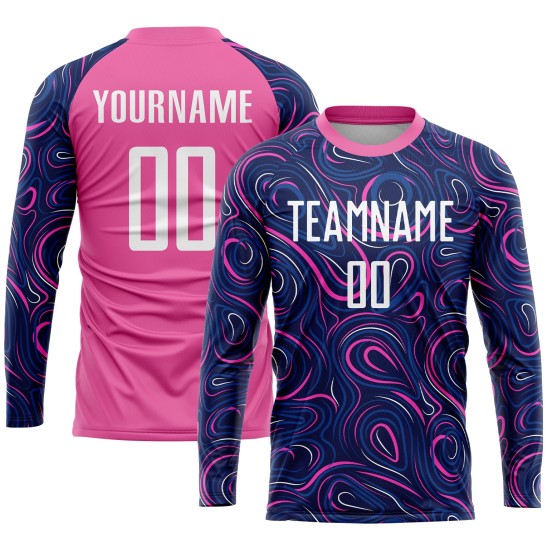 Benutzerdefiniertes Marineblaues Weiß-Rosa Sublimations-Fußballtrikot Benutzerdefiniertes Marineblaues Weiß-Rosa Sublimations-Fußballtrikot