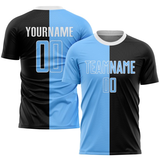 Benutzerdefinierte schwarz hellblau-weiß Sublimation Split Fashion Fußball Uniform Trikot Benutzerdefinierte schwarz hellblau-weiß Sublimation Split Fashion Fußball Uniform Trikot