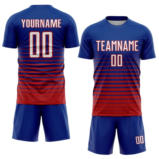 Benutzerdefinierte Royal Weiß-Rot Nadelstreifen Fade Fashion Sublimation Fußball Uniform Trikot Benutzerdefinierte Royal Weiß-Rot Nadelstreifen Fade Fashion Sublimation Fußball Uniform Trikot
