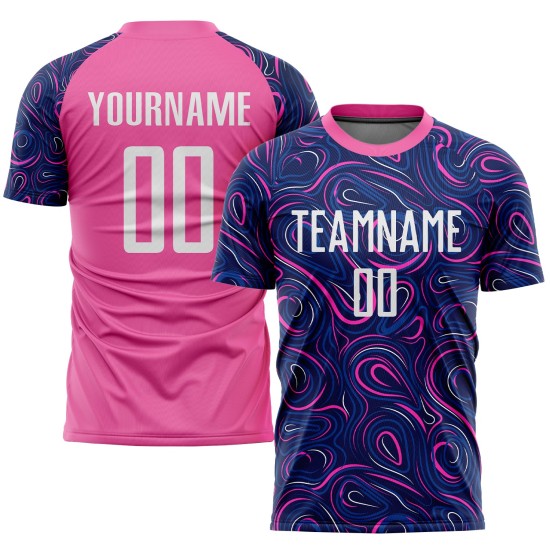 Benutzerdefiniertes Marineblaues Weiß-Rosa Sublimations-Fußballtrikot Benutzerdefiniertes Marineblaues Weiß-Rosa Sublimations-Fußballtrikot