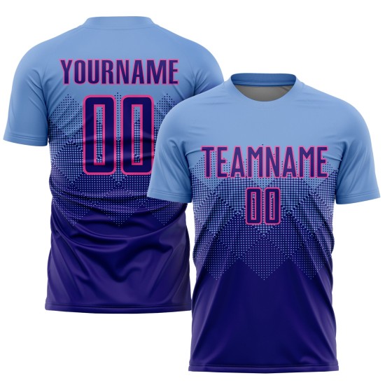 Benutzerdefinierte Hellblau Dunkellila-Rosa Sublimation Fußball Uniform Trikot Benutzerdefinierte Hellblau Dunkellila-Rosa Sublimation Fußball Uniform Trikot