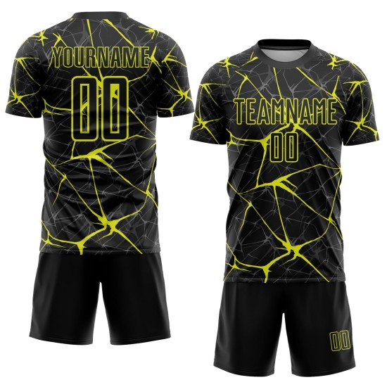 Benutzerdefiniertes schwarzes neongelbes Sublimations-Fußballtrikot Benutzerdefiniertes schwarzes neongelbes Sublimations-Fußballtrikot