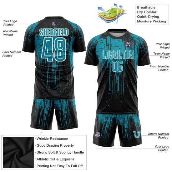 Benutzerdefiniertes blaugrünes schwarz-weißes Sublimations-Fußballtrikot Benutzerdefiniertes blaugrünes schwarz-weißes Sublimations-Fußballtrikot