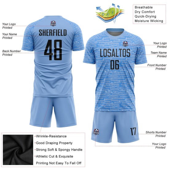 Benutzerdefiniertes hellblau-schwarzes Sublimations-Fußballtrikot Benutzerdefiniertes hellblau-schwarzes Sublimations-Fußballtrikot