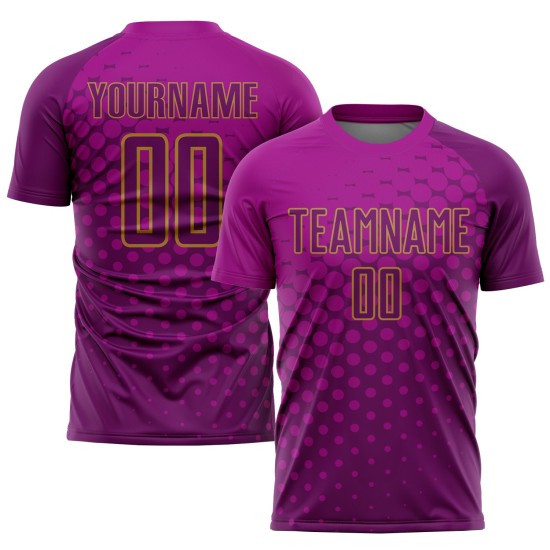 Benutzerdefiniertes dunkelrosa, lila-altes Gold Sublimation Fußballuniformtrikot Benutzerdefiniertes dunkelrosa, lila-altes Gold Sublimation Fußballuniformtrikot