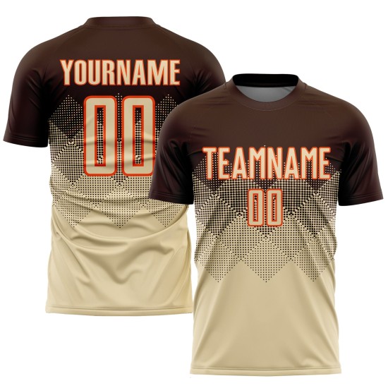 Benutzerdefiniertes braunes, creme-oranges Sublimations-Fußballtrikot Benutzerdefiniertes braunes, creme-oranges Sublimations-Fußballtrikot