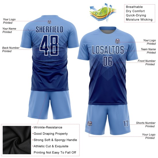 Benutzerdefiniertes hellblaues, marineblaues und weißes Sublimations-Fußballtrikot Benutzerdefiniertes hellblaues, marineblaues und weißes Sublimations-Fußballtrikot