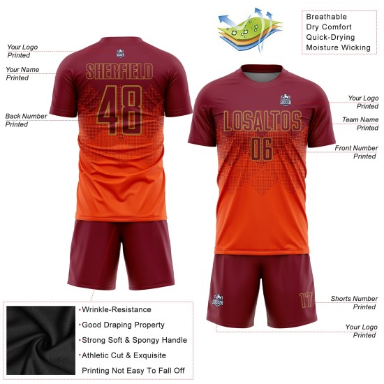 Benutzerdefiniertes orange-rot-altgold Sublimation Fußballuniformtrikot Benutzerdefiniertes orange-rot-altgold Sublimation Fußballuniformtrikot