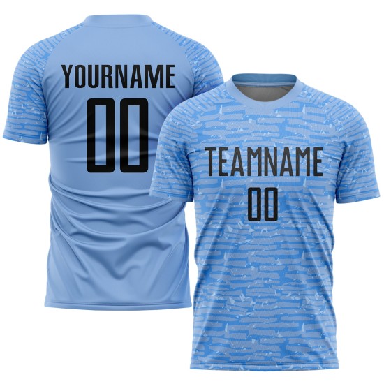 Benutzerdefiniertes hellblau-schwarzes Sublimations-Fußballtrikot Benutzerdefiniertes hellblau-schwarzes Sublimations-Fußballtrikot