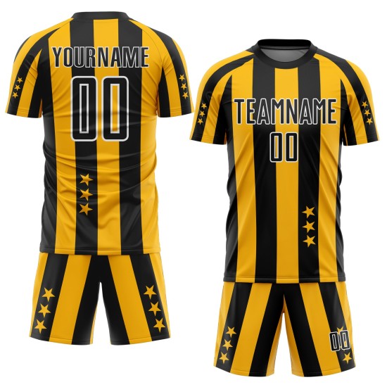 Benutzerdefinierte Gold Schwarz-Weiß Sterne Und Quadrate Sublimation Fußball Uniform Trikot Benutzerdefinierte Gold Schwarz-Weiß Sterne Und Quadrate Sublimation Fußball Uniform Trikot