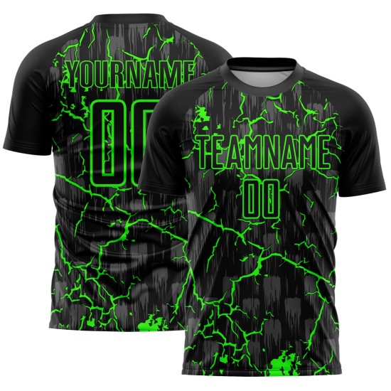 Benutzerdefiniertes schwarzes neongrünes Blitz-Sublimations-Fußballtrikot Benutzerdefiniertes schwarzes neongrünes Blitz-Sublimations-Fußballtrikot