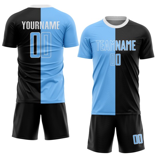 Benutzerdefinierte schwarz hellblau-weiß Sublimation Split Fashion Fußball Uniform Trikot Benutzerdefinierte schwarz hellblau-weiß Sublimation Split Fashion Fußball Uniform Trikot