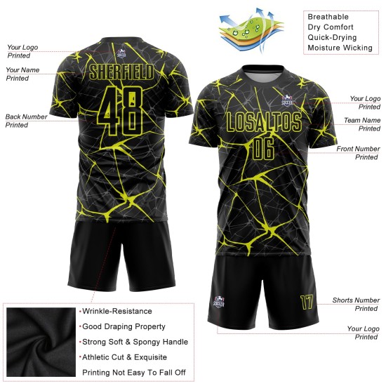 Benutzerdefiniertes schwarzes neongelbes Sublimations-Fußballtrikot Benutzerdefiniertes schwarzes neongelbes Sublimations-Fußballtrikot
