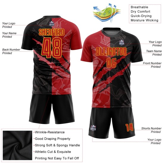 Benutzerdefinierte Graffiti Muster Rot-Gold Sublimation Fußball Uniform Trikot Benutzerdefinierte Graffiti Muster Rot-Gold Sublimation Fußball Uniform Trikot