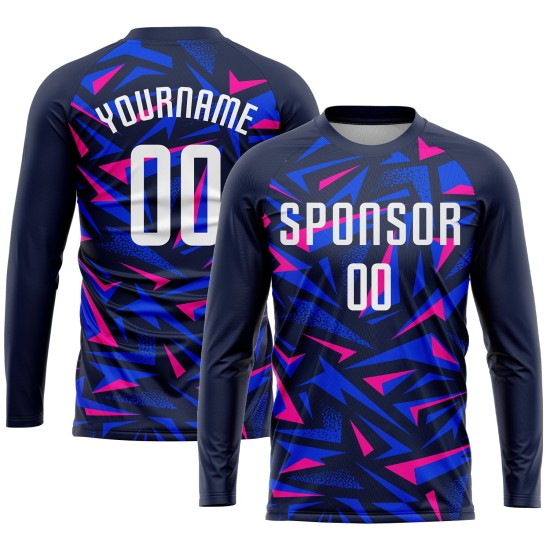 Benutzerdefiniertes Marineblaues Weiß-Rosa Sublimations-Fußballtrikot Benutzerdefiniertes Marineblaues Weiß-Rosa Sublimations-Fußballtrikot