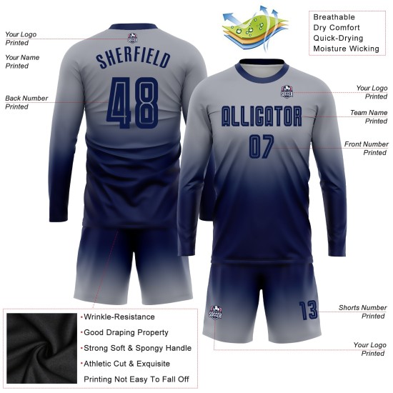Benutzerdefinierte grau Marine Sublimation Langarm Fade Fashion Fußball Uniform Trikot Benutzerdefinierte grau Marine Sublimation Langarm Fade Fashion Fußball Uniform Trikot