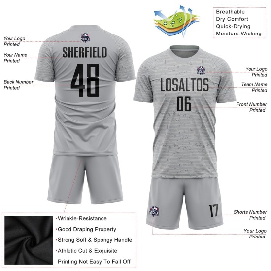 Benutzerdefiniertes grau-schwarzes Sublimations-Fußballtrikot Benutzerdefiniertes grau-schwarzes Sublimations-Fußballtrikot