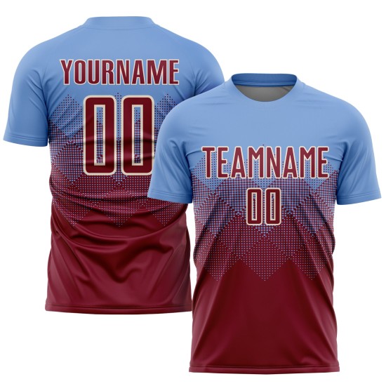 Benutzerdefiniertes hellblaues purpurrotes und cremefarbenes Sublimations-Fußballtrikot Benutzerdefiniertes hellblaues purpurrotes und cremefarbenes Sublimations-Fußballtrikot