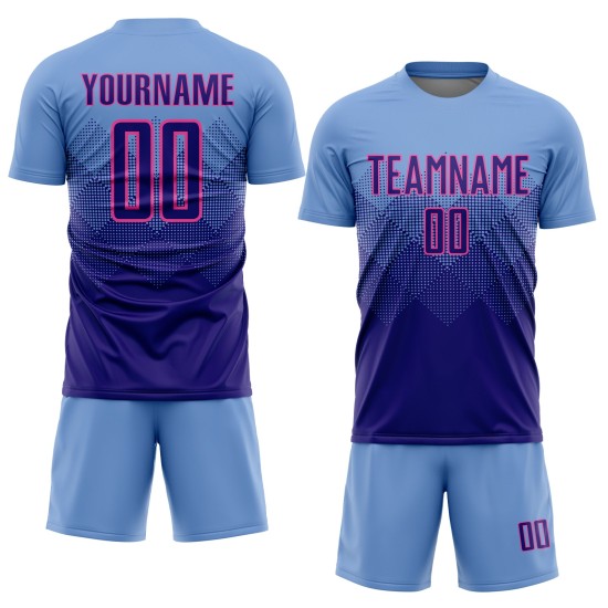 Benutzerdefinierte Hellblau Dunkellila-Rosa Sublimation Fußball Uniform Trikot Benutzerdefinierte Hellblau Dunkellila-Rosa Sublimation Fußball Uniform Trikot