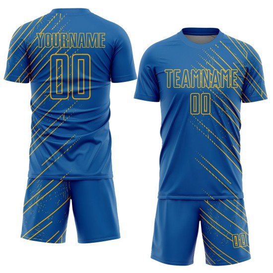 Benutzerdefiniertes Sublimations-Fußballtrikot mit blauen und goldenen Linien Benutzerdefiniertes Sublimations-Fußballtrikot mit blauen und goldenen Linien