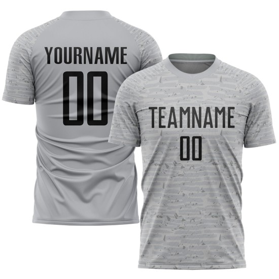 Benutzerdefiniertes grau-schwarzes Sublimations-Fußballtrikot Benutzerdefiniertes grau-schwarzes Sublimations-Fußballtrikot