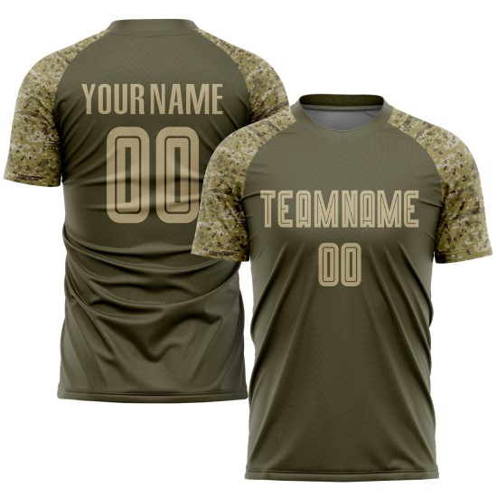Benutzerdefinierte Olive Vegas Gold-Camo Sublimation Salut To Service Fußball Uniform Trikot Benutzerdefinierte Olive Vegas Gold-Camo Sublimation Salut To Service Fußball Uniform Trikot