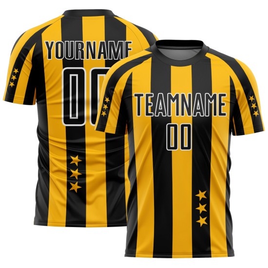 Benutzerdefinierte Gold Schwarz-Weiß Sterne Und Quadrate Sublimation Fußball Uniform Trikot Benutzerdefinierte Gold Schwarz-Weiß Sterne Und Quadrate Sublimation Fußball Uniform Trikot