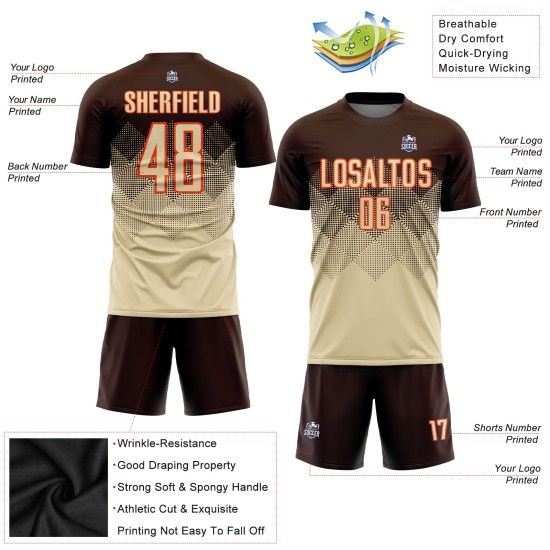Benutzerdefiniertes braunes, creme-oranges Sublimations-Fußballtrikot Benutzerdefiniertes braunes, creme-oranges Sublimations-Fußballtrikot