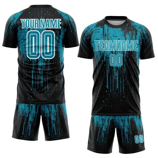 Benutzerdefiniertes blaugrünes schwarz-weißes Sublimations-Fußballtrikot Benutzerdefiniertes blaugrünes schwarz-weißes Sublimations-Fußballtrikot