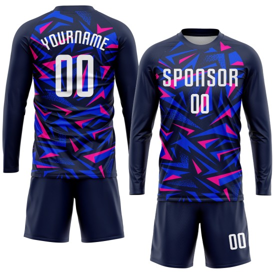 Benutzerdefiniertes Marineblaues Weiß-Rosa Sublimations-Fußballtrikot Benutzerdefiniertes Marineblaues Weiß-Rosa Sublimations-Fußballtrikot